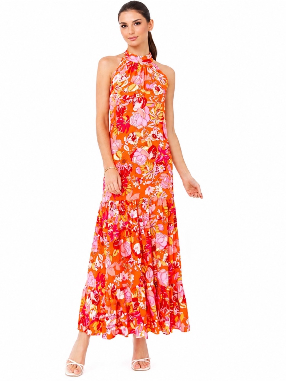 MSK Resort Tropical Floral Halter Maxi Dress Orange Pink Vacation Dress L